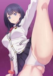 absurdres black_hair black_skirt blue_eyes blush bow bowtie breasts cardigan clothes_lift female gridman_universe highres large_breasts long_hair long_sleeves looking_at_viewer mibushiro microskirt orange_scrunchie panties pantyshot pleated_skirt purple_background red_bow red_bowtie school_uniform scrunchie shirt skirt skirt_lift solo split ssss.gridman standing standing_on_one_leg standing_split takarada_rikka thighs underwear white_cardigan wrist_scrunchie