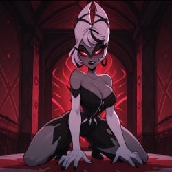 1milf 2025 ai_assisted ai_generated alternative_hairstyle amazon_prime black_clothing black_lips black_lipstick carmilla_carmine cleavage demon earrings female female_only grey_body grey_skin hazbin_hotel hi_res kneeling looking_at_viewer lustful_mind mature_female milf overlord red_background red_eyes seductive_look solo tagme twitter_link vivienne_medrano white_gloves white_hair