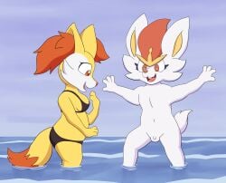 bikini black_bikini braixen cinderace completely_nude_male danel fennec_fox fox happy male male/female nintendo nude nude_male ocean penis pokemon pokemon_(species) summer swimsuit water white white_fur