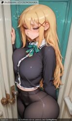ai_generated ass blonde_hair blue_eyes blush bow breast_press breasts cuckingmama door female hair_between_eyes hair_ornament large_breasts long_hair long_sleeves looking_to_the_side panties pantyhose ribbon school_uniform shirt sitting skirt solo tagme x_hair_ornament
