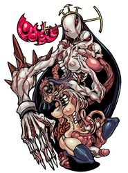 blonde_hair body_horror breasts closed_eyes crown double_(skullgirls) dual_persona english eyes female futanari guro habit highres hips intersex large_breasts monster mutant nipples nun panties penis red_eyes simple_background size_difference skullgirls smile tagane teeth tentacle thighhighs underwear veins what white_background white_eyes white_panties wide_hips