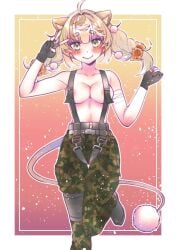 1girls animal_ears blonde_hair breasts camouflage_pants daisy_dandelion female green_eyes idol-en idol_corp suspenders tail topless v virtual_youtuber yashuring