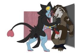 alex.fetter alex_(alex.fetter) animal_genitalia animal_penis animal_pussy black_body black_fur blue_body blue_fur brown_body brown_eyes brown_fur calws canine_genitalia canine_pussy digitigrade ear_piercing ear_ring erection female feral fur generation_4_pokemon generation_7_pokemon generation_8_pokemon genitals hi_res holding_penis hybrid luxray nintendo nude obstagoon penis piercing pink_body pink_eyes pink_fur pink_sclera pokemon pokemon_(species) pussy ring_piercing salazzle semi-anthro tongue white_body white_fur