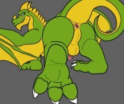 3_toes anus ass backsack balls blue_eyes blush bodily_fluids chaussette claws cum dragon european_mythology feet feral fol foot_focus genital_fluids genitals green_body green_scales hi_res hindpaw horn looking_back male membrane_(anatomy) membranous_wings mythological_creature mythological_scalie mythology non-mammal_balls paws penis perineum precum presenting presenting_hindquarters raised_tail reptile scales scalie simple_background smile soles solo solo_focus tail teeth toes unfinished western_dragon wings yellow_body yellow_scales