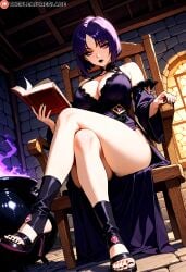 absurd_res ai_generated bare_shoulders black_lipstick black_nails black_toenails bob_cut cleavage crossed_legs expressionless eyeliner eyeshadow feet goth goth_girl high_heels large_breasts looking_at_viewer original original_character parted_bangs pink_eyes purple_hair reading reading_book sitting the_pleasure_glade thick_thighs toeless_legwear toes unimpressed