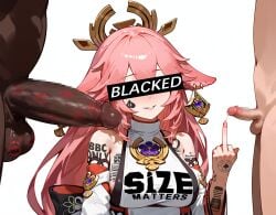 ai_generated big_breasts big_penis blacked breasts cuckold dark-skinned_male genshin_impact middle_finger qos_tattoo smile tattoo yae_miko
