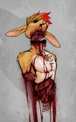 amputated_limb amputation amputee anthro biped blood blood_from_mouth blood_in_mouth blood_on_face blood_splatter bodily_fluids corpse death decapitation disability fur gore guts half-length_portrait hi_res highlights_(coloring) kolkolukija lagomorph leporid lying male mammal nosebleed on_back organs portrait rabbit severed_body_part severed_head snuff stomach wounded yellow_body yellow_fur