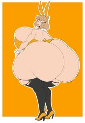 1girls ass_bigger_than_head ass_bigger_than_torso breasts breasts_bigger_than_head bursting_breasts bursting_butt butt_expansion enormous_breasts fat_ass growth hyper hyper_ass hyper_breasts looking_back massive_ass rust_and_bolts solo_female tagme yellow_bunnysuit yellow_clothing