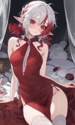 blush blushing_at_viewer dress elf elf_ears elf_female elf_girl flustered large_ass large_thighs petite petite_female red_eyes red_hair shy small_breasts thick_thighs