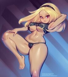 alternate_costume armpit big_breasts blonde_female breasts cameltoe dark-skinned_female female female_focus female_only gravity_rush hairband kat_(gravity_rush) micro_bikini nipple_bulge raised_arm supersatanson thick_thighs underboob