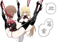 2girls absurdres arms_behind_back ass black_gloves black_thighhighs blonde_hair blush bondage bound bound_arms bound_legs breastless_clothes breasts brown_eyes brown_hair censored collar elbow_gloves garter_straps gloves high_heels highres kinbakuman long_hair medium_breasts misaka_mikoto multiple_girls orange_eyes shokuhou_misaki short_hair speech_bubble suspension thighhighs to_aru_kagaku_no_railgun to_aru_majutsu_no_index translation_request white_background