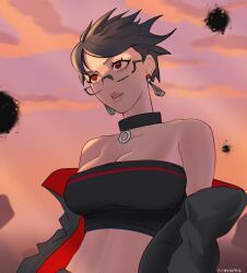 1girls boruto:_two_blue_vortex clothed female_only glasses large_breasts mangekyou_sharingan naruto naruto_(series) red_eyes sarada_uchiha sharingan short_hair shounen_jump teenage_girl teenager uchihaniray