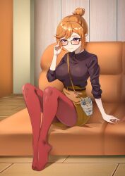 adjusting_eyewear alternate_hairstyle arm_support big_breasts blush breasts closed_mouth collared_shirt feet glasses hair_bun indoors long_sleeves love_live! love_live!_superstar!! orange_hair pantyhose purple_eyes red_pantyhose shibuya_kanon sitting skirt sweater thighs tied_hair toes yzlkun