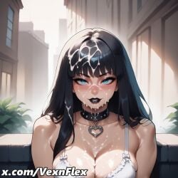after_fellatio after_oral ahe_gao ai_generated black_lips bra collar cum cum_everywhere cum_in_hair cum_on_face cum_on_hair goth goth_girl heart hi_res high_resolution highres lingerie looking_at_viewer rosa_(vexnflex) smile smiling smiling_at_viewer vexnflex watermark