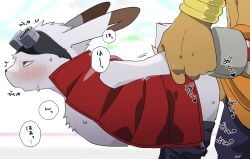 anal anal_sex anthro anthro_penetrated arm_grab biped blush bodily_fluids bottomwear bottomwear_down clothed clothing digital_media_(artwork) duo eyewear eyewear_on_head fur goggles goggles_on_head hi_res jacket japanese_text king_kazma kurimo_jinguy lagomorph leporid love_machine male male/male male_anthro male_penetrated male_penetrating male_penetrating_male mammal open_clothing open_jacket open_mouth open_topwear pants pants_down partially_clothed penetration rabbit red_clothing red_eyes red_jacket red_topwear sex sleeveless_jacket speech_bubble standing summer_wars sweat text topwear white_body white_fur zipper
