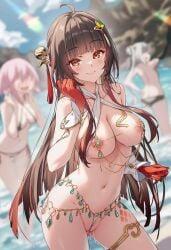 3girls ai_generated almost_naked almost_nude beach brown_hair female honkai:_star_rail lingsha_(honkai:_star_rail) naked_female orange_eyes raaicave string_bikini
