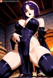 absurd_res ai_generated bare_shoulders black_lipstick black_nails black_toenails bob_cut cameltoe cleavage expressionless eyeliner eyeshadow feet goth goth_girl high_heels kneeling large_breasts looking_at_viewer original original_character parted_bangs pelvic_curtain pink_eyes purple_hair spread_legs squatting the_pleasure_glade thick_thighs toeless_legwear toes