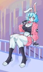 1girls beatrice_(sozokuu) big_breasts blue_hair breasts crop_top female large_breasts midriff pink_shorts rabbit_ears rabbit_girl red_eyes sozokuu white_fur