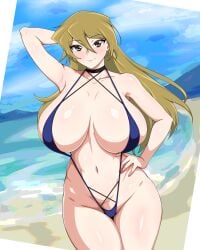 1girls alexis_rhodes beach_background bikini blonde_hair blush brown_eyes closed_mouth female hi_res huge_breasts large_breasts led_(190491) long_hair navel one_arm_up smile solo tenjouin_asuka thighs yu-gi-oh! yu-gi-oh!_gx