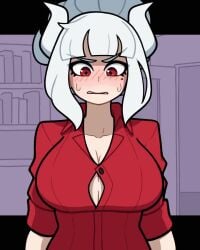 1girls animated blush breasts demon demon_girl demon_horns helltaker horns looking_at_viewer lucifer_(helltaker) mole mole_under_eye muds nipples open_clothes open_shirt red_eyes sweat tagme video white_hair white_horns