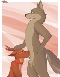 abstract_background absurd_res anthro anthro_on_anthro anthro_penetrated anthro_penetrating anthro_penetrating_anthro antlers aureldrawsstuff balls border borko_(barkwoofawoo) brown_body brown_fur canid canine canis cum_strand deer erection fellatio fur genitals grey_body grey_fur hi_res horn kyle_(aureldrawsstuff) male male/male male_penetrated male_penetrating male_penetrating_male mammal oral penetration penile sex side_view standing white_border wolf