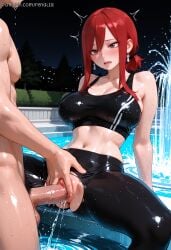 1boy ai_generated arm_support bangs bare_shoulders black_pants blush breasts brown brown_eyes cleavage clitoris clothed_sex collarbone crop_top earrings erection erza eyes fairy female female_ejaculation from hair jewelry large_breasts leaning_back long male_pubic_hair midriff navel night night_sky nude open_mouth outdoors pants patreon_username penis pool pubic_hair pussy red red_hair scarlet sex short_ponytail sidelocks sky solo_focus sports_bra spread_legs straight sweat tail testicles thighs torn_clothes torn_pants uncensored vaginal_penetration water wet
