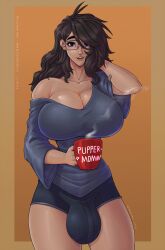 1futa 2d black_hair black_hair_blue_eyes blue_eyes breasts brunette brunette_futa bulge bulge_through_clothing cleavage clothed clothed_futanari cup futa_only futanari glasses holding_cup intersex large_breasts light-skinned_futanari light_skin looking_at_viewer marie_(wmdiscovery93) original_character solo tagme wmdiscovery93
