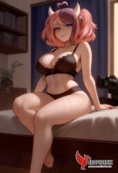 2d ahoge ai_generated bangs bare_legs bare_shoulders barefoot black_bra black_panties blush bra breasts cleavage erophoenix feet female female female_focus indoors ironmouse jewelry large_ass large_breasts long_hair looking_at_viewer nude pale_skinned_female panties patreon_username pink_hair pointy_ears purple_eyes purple_hair sitting smile solo sweating toes twintails uncensored underwear virtual_youtuber vshoujo vtuber