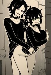 1boy 1girls alleyway anal_sex andrew_graves ashley_graves black_hair black_shirt black_sweater brother_and_sister collar genderswap genderswap_(ftm) genderswap_(mtf) green_eyes incest leaning_against_wall pink_eyes rule_63 siblings smile the_coffin_of_andy_and_leyley