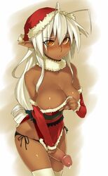 1futa amber_eyes areola_slip blush breasts brown christmas dark-skinned_futanari dark_elf dark_skin dripping elf erect futa_only futanari holidays innocent intersex nipple_slip oohara_kyuutarou panties penis pointy_ears precum santa_hat shirt_tug side-tie_panties solo tagme testicles thighhighs white_hair