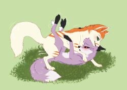 ambiguous_gender bodily_fluids canid canine cum cum_on_ground duo feral feral_on_feral fox fur genital_fluids grass mammal plant purple_body purple_fur rukifox sex