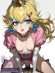 1girls ai_generated artist_name ass blush breasts curvy digital_media_(artwork) female female indoors mario mario_(series) naked nintendo nude princess_peach sex straight thighs uncensored vagina vaginal_penetration vixxyart watermark yuri