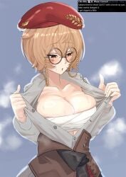 1girls beanie blush breasts brown_eyes cleavage clio_aite clothed clothing female female_only glasses hat heiz_illust huge_breasts light-skinned_female light_brown_hair light_skin phase_connect phase_invaders_quest round_glasses solo sweat vershion virtual_youtuber