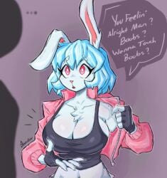 1girls beatrice_(sozokuu) cleavage crop_top female huge_breasts large_breasts midriff pink_jacket rabbit_ears rabbit_girl red_eyes sozokuu tank_top