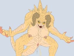 anthro areola big_breasts bisco blush bodily_fluids breasts claws deathclaw fallout female genital_fluids genitals hi_res horn microsoft nipples nude peeing pussy scales scalie simple_background solo tail urine watersports