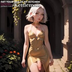 amber_eyes circumcised cocktail_dress dress earrings futanari large_penis penis_under_dress penis_under_skirt seductive sexy skirt slender_waist slim_waist veiny_penis white_hair yellow_eyes