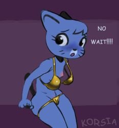 aged_down anthro ass bikini blue_body blue_fur blush breasts cartoon_network clitoris clothed clothing digital_media_(artwork) domestic_cat embarrassed english_text felid feline felis female fur genitals gold_bikini golden_week hi_res korsia mammal navel nicole_watterson nipples nude pussy simple_background solo surprise swimwear tail text the_amazing_world_of_gumball thick_thighs two-piece_swimsuit wide_hips