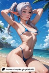 ai_generated arms_up artist_name beach bikini bird blue_bikini blue_sky branch breasts cloud cloudy_sky coconut condensation_trail day earrings elf elf_ears female frieren frieren_beyond_journey's_end green_eyes highleg_bikini horizon island jewelry leaf lips long_hair looking_at_viewer micro_bikini naughtygirlsai navel nipples nose ocean outdoors palm_leaf palm_tree patreon_username piercing plant pointy_ears potted_plant sand seagull shore silver_hair sitting skinny sky small_breasts smile solo sousou_no_frieren starfish summer swimsuit tree twintails water watercraft wet white_hair