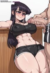 1boy abs ai_generated bangs black_hair black_shorts black_sports_bra blush breasts cleavage closed_mouth covered_nipples erection female gym gym_uniform komi-san_wa_komyushou_desu komi_shouko large_breasts large_hips long_hair muscular navel penis purple_eyes short_shorts shorts smile sofaxd3x solo_focus sports_bra standing straight sweat testicles thick_thighs thighs veins veiny_penis
