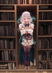 absurdres alternate_costume arknights arms_behind_back belt black_boots blush bondage bondage book bookshelf boots bound bound_arms bound_legs breasts brown_pantyhose commentary_request corset drooling female full_body green_eyes head_wings highres ho'olheyak_(arknights) jacket kaer_sasi_dianxia knee_boots lactation lactation large_breasts long_hair looking_at_viewer miniskirt nipples pantyhose pleated_skirt restrained saliva sex_toy short_hair skirt solo standing stationary_restraints steaming_body suction_cups tearing_up tears torn_clothes torn_jacket v-shaped_eyebrows vibrator vibrator_under_clothes white_hair white_jacket white_skirt wings