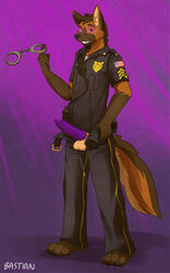 4_toes 5_fingers anthro badge barefoot bastianwolf belt black_nose brown_fur brown_hair canine claws clothes colored dog erection fur furry furry_ears furry_tail german_shepherd hair handcuffs knot male male_only open_eyes pants penis pointy_ears police purple_eyes short_hair smile solo standing tail tan_fur testicles uniform