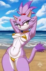 absurd_res annoyed anthro beach bikini blaze_the_cat blush breasts chromakoros clothing domestic_cat embarrassed felid feline felis female forehead_gem fur gem gold_bikini golden_week hands_behind_head hi_res jewelry mammal micro_bikini necklace nipple_outline pubes purple_body purple_fur sand sea sega solo sonic_(series) sonic_the_hedgehog_(series) sunny swimwear tail two-piece_swimsuit under_boob water white_body white_fur yellow_eyes