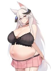 1girls animal_ear_fluff animal_ears big_belly big_breasts breasts female fraeya_(vtuber) glasses horns huge_breasts kuronyan large_breasts long_hair pink_eyes pink_skirt pregnant pregnant_female skirt virtual_youtuber vtuber white_background white_hair wolf_ears wolf_girl wolf_tail