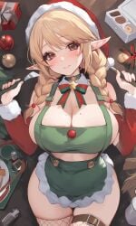 ai_generated big_ass big_breasts blonde_female blonde_hair breasts busty christmas christmas_elf christmas_outfit elf