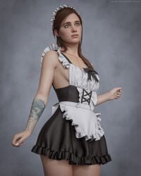 1girls 3d athletic athletic_female bare_legs blue_eyes breasts brown_hair clothed clothing cosplay curvy ellie_(the_last_of_us) ellie_williams eyebrows female female_focus female_only freckles frills long_hair maid maid_apron maid_headdress maid_outfit maid_uniform medium_breasts naughty_dog nina3dx pinup pinup_pose sideboob skinny small_breasts solo solo_female standing tagme tattoo the_last_of_us the_last_of_us_2 thighs waist_apron wide_hips