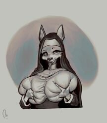 1girls 2024 anthro bodily_fluids clothed clothed_female extinctyellow eyelashes female female_only fox fox_ears fox_girl furry furry_female furry_only grabbing_breasts grabbing_own_breast huge_breasts nun nun_outfit saliva simple_background tongue tongue_out upper_body watermark