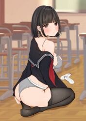 1girls absurdres ass bare_shoulders black_pantyhose black_shirt blush bob_cut bra breasts brown_eyes classroom commentary_request desk from_behind from_side frown grey_bra grey_panties highres indoors large_breasts long_sleeves no_shoes on_floor original panties pantyhose school_desk school_uniform shirt shoes short_hair sitting solo sports_panties uiri-na uiri_na underwear unworn_shoes white_shoes
