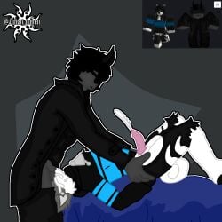 1boy 1furry 1futa animal_genitalia bed black_and_white_body black_and_white_fur cum cum_in_mouth cumming_while_penetrated cumming_while_penetrating cumshot face_fucking handsfree_ejaculation julian_cohen knot male_on_anthro male_on_futa roblox robloxian