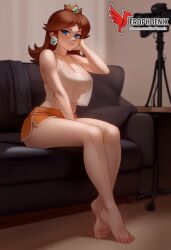1girls 2d ai_generated bangs bare_shoulders barefoot blue_eyes breasts brown_hair cleavage crown dolphin_shorts earrings erophoenix feet indoors jewelry large_breasts long_hair looking_at_viewer mario_(series) nintendo no_bra no_bra_under_clothes pale_skinned_female patreon_username princess_daisy shorts sitting smile solo strap_slip super_mario_bros. super_smash_bros. sweat toes transparent_clothing uncensored v_arms