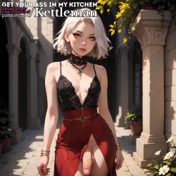 amber_eyes circumcised cocktail_dress dress earrings futanari large_penis penis_under_dress penis_under_skirt seductive sexy skirt slender_waist slim_waist veiny_penis white_hair yellow_eyes